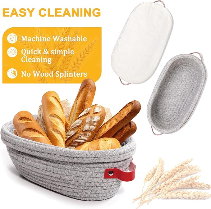 Cotton Rope Banneton Bread Proofing Basket 10 Inch Oval & 9 Inch Round Banneton Basket Set of 4 Sourdough Bread Baking Supplies with Liner & Cover