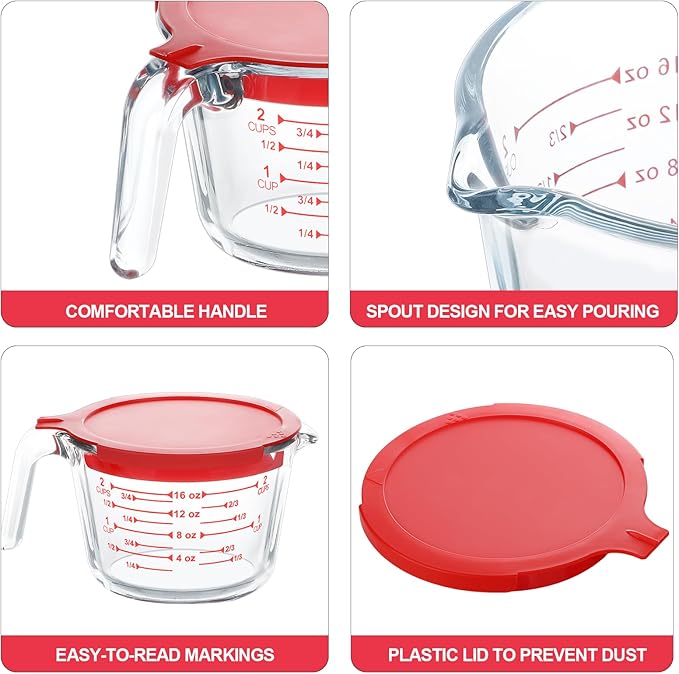 KOMUEE 4 Piece Glass Measuring Cups Set, 5 Oz, 1-Cup, 2-Cup, 4-Cup Liquid Measuring Cups with Lids for Kitchen, Freezer and Microwave Safe