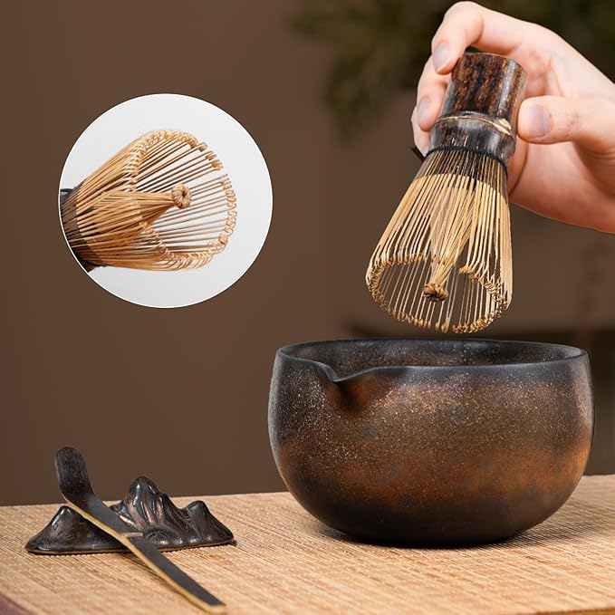 7-Piece Matcha Set, Ceramic Matcha Bowl, Bamboo Whisk (Chasen), Whisk Holder, Sifter, Tea Scoop & Scoop Rest, Special Bamboo Tea Mat, Harmonious Color Matcha Making Kit, Gilded
