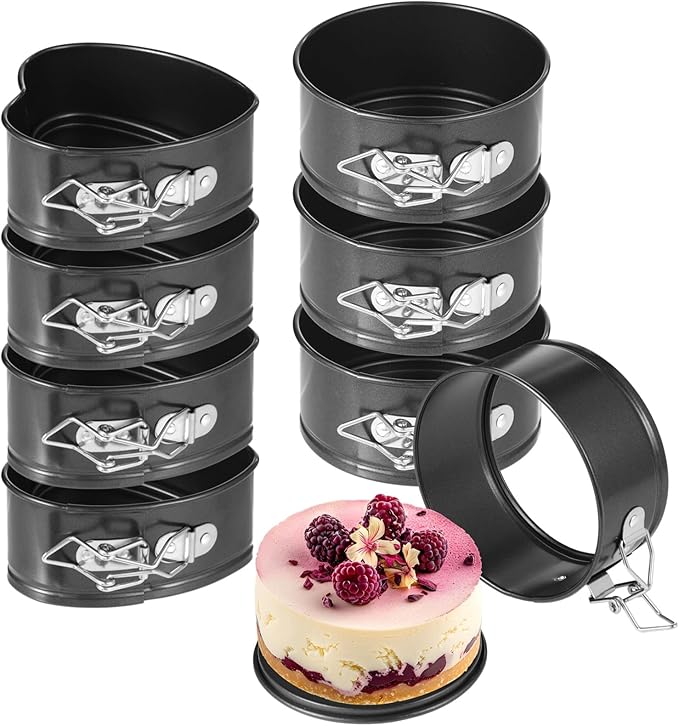 4 Inch Springform Pans, 8 Pcs Mini Springform Pans Set, Spring Form Pan For Cheesecake, 4 Pcs Round & 4 Pcs Heart Shaped Cake Molds, Non-Stick Carbon Steel, Removable Bottom