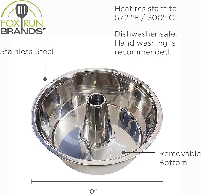 Fox Run Stainless Steel Angel Food Cake Pan, Tube Cake Pan With Removable Bottom, Round 10" x 5"