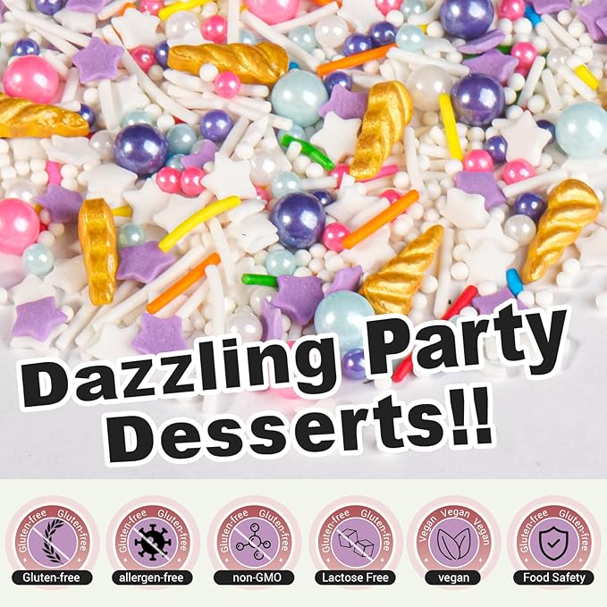 HUEBEATY 6-in-1 Unicorn Sprinkles Edible Set – 180g Unicorn Golden Horn Candy, Star Confetti & Jimmies Mix, Pearls & Sugar Crystals – Edible Unicorn Cake Decorations for Cupcakes, Cookies, Ice Cream & Birthday Desserts