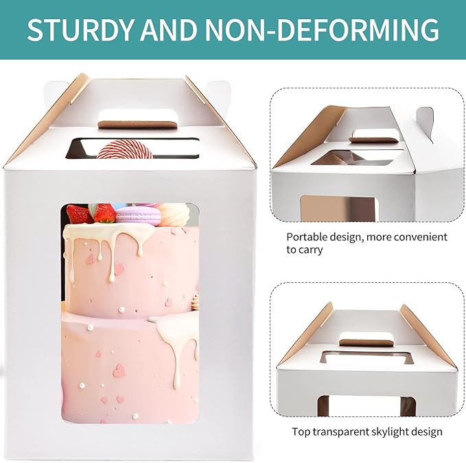 KBG Tall Cake Boxes 6pcs 14x14x16 and 16x16x18 Inches White With Window for Tier Cakes, Wedding, Birthday Transport - Large With Handle, Disposable Containers