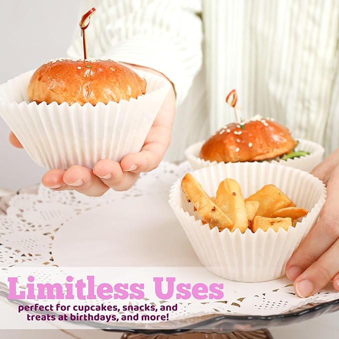 Cupcake Liners for Baking – White Jumbo Muffin Liners Dessert Cups, Thick Parchment Paper Baking Supplies, Large Greaseproof Pan Liner Wrappers (200-Pack)