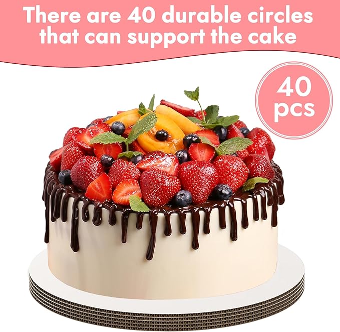 40pcs Cake Boards 7inch Round,Food-Graded Cardboard Cake Rounds, Waterproof and Oil-Proof Cake Plates, Sturdy Corrugated Cake Base, Ideal for Baking, Cake DIY, Dessert and Crafting(white, 7inch/40Pcs)