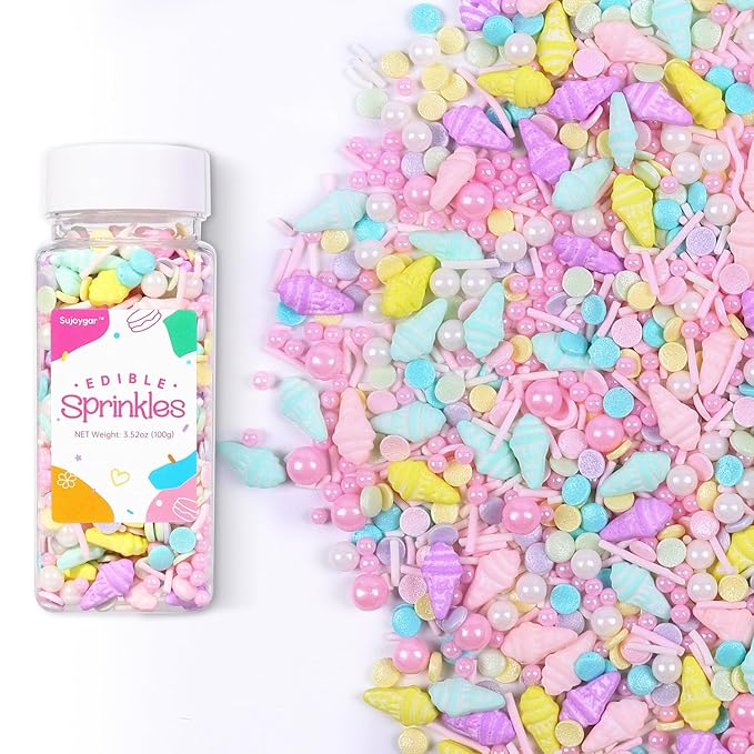 Ice Cream Sprinkles Mix | Pink Purple Blue Yellow | Sprinkles for Cake Decorating | Cupcake Toppers | Ice Cream | Cookie | Fancy Candy | 3.52oz