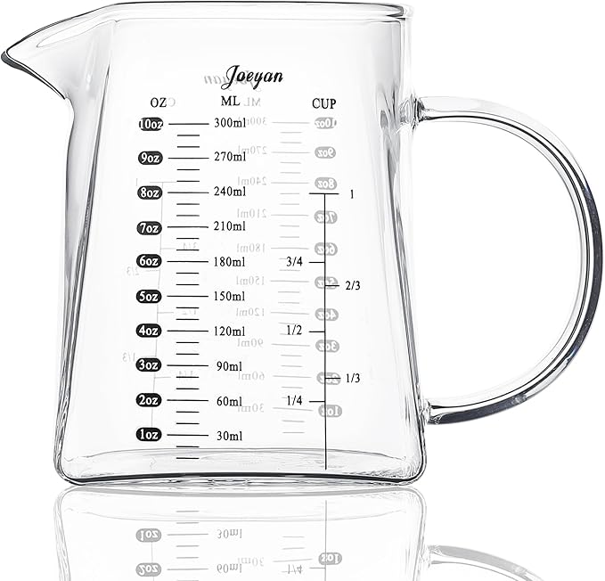 Joeyan 10 oz Small Glass Creamer Pitcher,V-Shaped Glass Measuring Cups with Handle and Spout,Clear Borosilicate Espresso Shot Glasses,Milk Coffee Tea Jug Frother Cup,Square Base