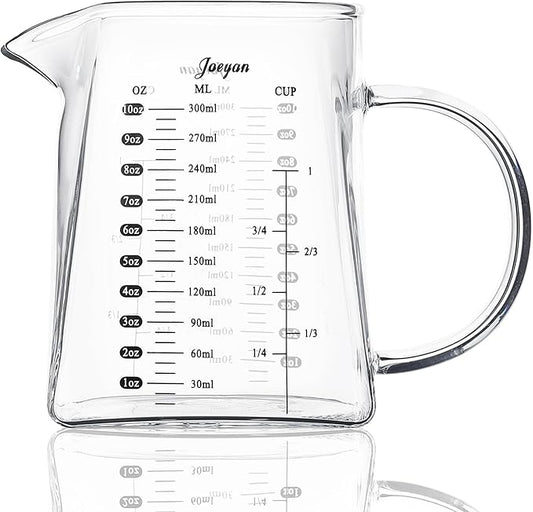 Joeyan 10 oz Small Glass Creamer Pitcher,V-Shaped Glass Measuring Cups with Handle and Spout,Clear Borosilicate Espresso Shot Glasses,Milk Coffee Tea Jug Frother Cup,Square Base