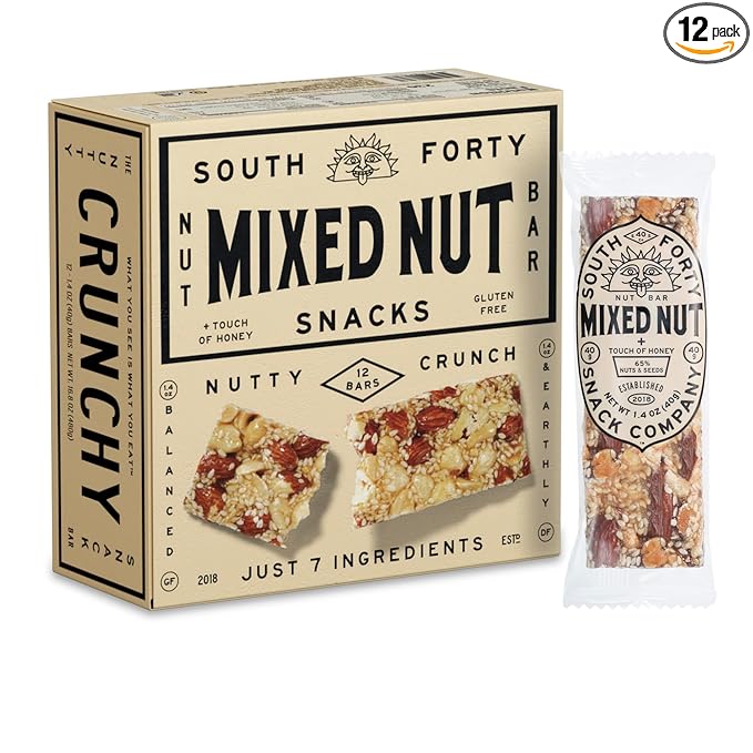 South 40 Snacks Mixed Nut Bar, Just 7 Ingredients, Touch of Honey (40g Bar, Pack of 12)