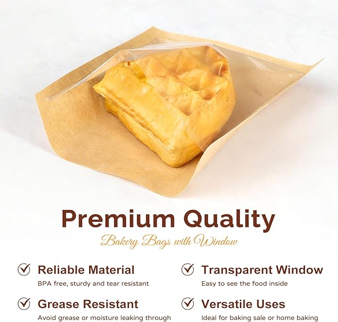 Ocmoiy 100 Pcs Cookie Packaging Bags with Seal, 5.7x6.5 Inch Paper Bakery Bags with Window, Heat-Sealable & Grease-Resistant Bake Sale Sleeves for Treat, Donut, Scone, Brownie, Cake Slice