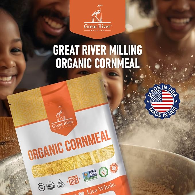 Great River Milling Organic Medium Grind Cornmeal | USDA Organic, Gluten Free, Non-GMO, Kosher | Hearty Texture for Cornbread, Polenta, Muffins, Pancakes & Baking | 5 Lb