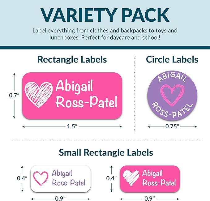 Personalized Waterproof Name Labels for Kids | Optional Packs 50, 150, 230 Labels | Custom Name Stickers for Kids' Clothing Tag, Water Bottle, Lunch Box, Customize Kid Name Label for Daycare Hearts