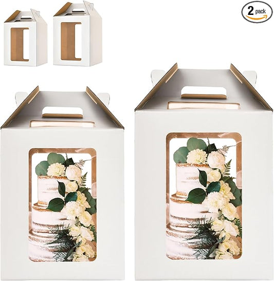 Tall Cake Boxes for Tier Cakes,10x10x12 & 12x12x14 Tiered Cake Box with window, 8in 10in 12in Tall Cake Carrier,Layer tall baking carrier,Layer tier cake boxes (2 pack)
