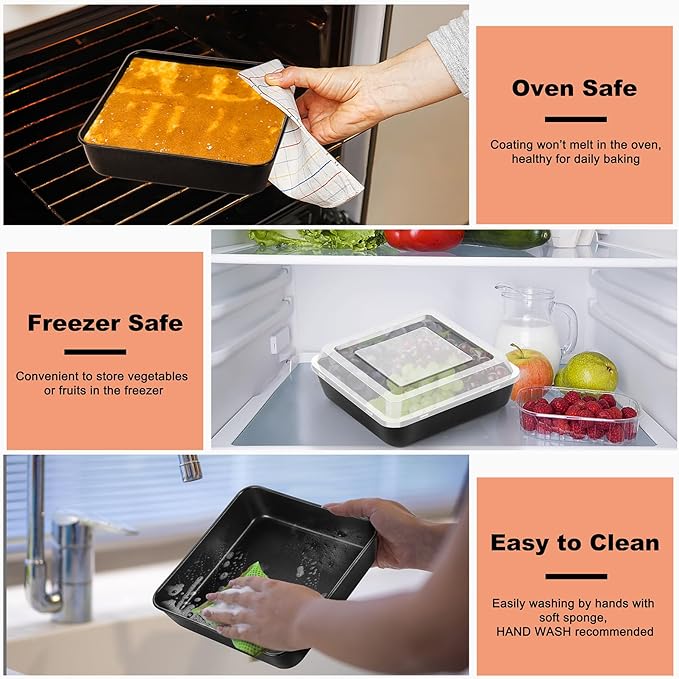 TeamFar Square Baking Pan, 8Inch Cake Tin with Lid with Stainless Steel Core & Nonstick Coating, for Baking Roasting Serving, Non-toxic, Easy to Release & Clean- (1 Pan + 1 Lid)