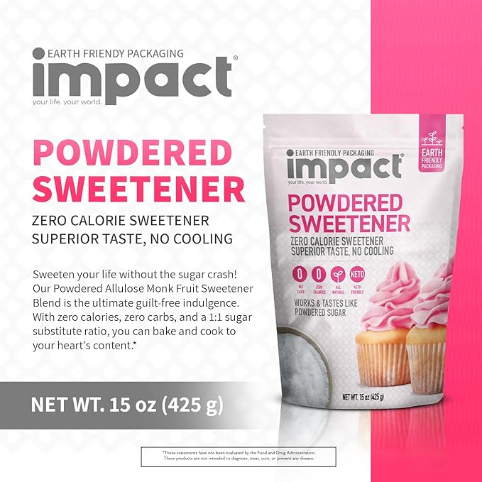 Impact Powdered Sweetener - Allulose, White Monk Fruit Blend – Zero Calorie and Carb, Keto-Friendly, Guilt-Free Substitute for Baking & Cooking - 0.94 lbs (Pack of 2)