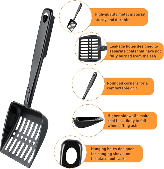 2PCS Hollow Out Fireplace Ash Sifter, 13 Inch Metal Black Coal Shovel Heat Resistant Fireplace Scoop Charcoal Shovels Fireplaces Tools with Self-Adhesive Hook for Wood Stove Indoor Fire Pit
