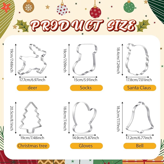 6 Pcs Large Christmas Cookie Cutters 8" Stainless Steel Metal Xmas Baking Cookie Molds for Holiday, Elk, Christmas Tree, Stocking, Santa Face, Mitten, Bell