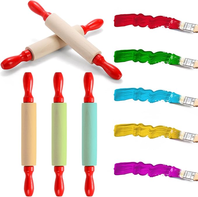 SOUJOY Set of 12 Mini Rolling Pin, 8 Inch Wood Dough Roller for Baking with Red Handle, Small Clay Rolling Pin for Craft Fondant Pastry Pizza Crafting and Imaginative Play (Pack of 2)