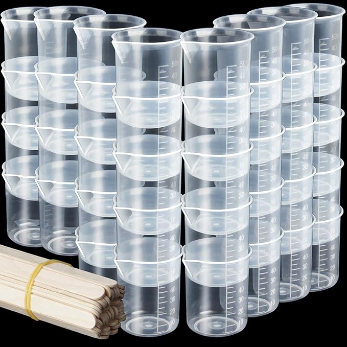 LEOBRO 50ml/1.7oz Epoxy Mixing Cups, 38PCS Graduated Epoxy Resin Cups, Pouring Cup, Plastic Beakers Measuring Cup for Resin, Epoxy, Acrylic Paint, with 40 PCS Wood Craft Sticks