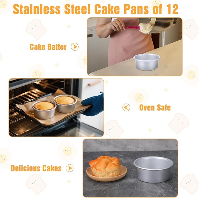 12 Pcs Round Cake Pans with Removable Bottom, 4 Inch Aluminum Cheesecake Baking Mold Non Stick Leakproof Mini Cakes Tins Trays Bakeware for Dessert Pizzas Quiches Birthday Party Anniversary