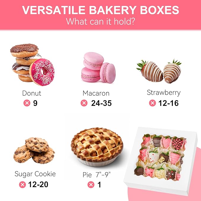 Kucoele 20 PCS Pie Boxes, 9 x 9 x 2.5 Inches Bakery Boxes with Window, Auto-Popup Cookie Boxes White Treat Boxes for Chocolate Strawberries, Pastries, Muffins, Donuts