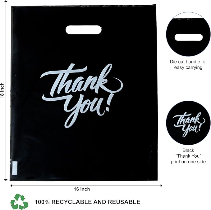 Infinite Pack Thank You Merchandise Bags, Die Cut Handles, Retail Shopping Bags for Boutique - Choose Color & Size
