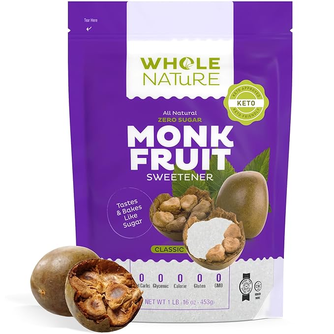 Whole Nature Monk Fruit Sweetener 1:1 Baking Sugar Substitute Made in the USA – Granulated Blend With Erythritol – Zero Calorie – Keto – Paleo – Non-GMO – Kosher - Natural Alternative – 1lb Pouch