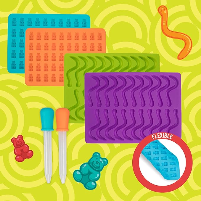Gummy Bear & Worm Silicone Candy Molds (4pk) BPA-Free Nonstick Trays w 2 Droppers for Chocolate, Ice Cubes & More-Make up to 140 Candies for Holiday Parties-Fun Winter Activity, Gift, Stocking Stuffer