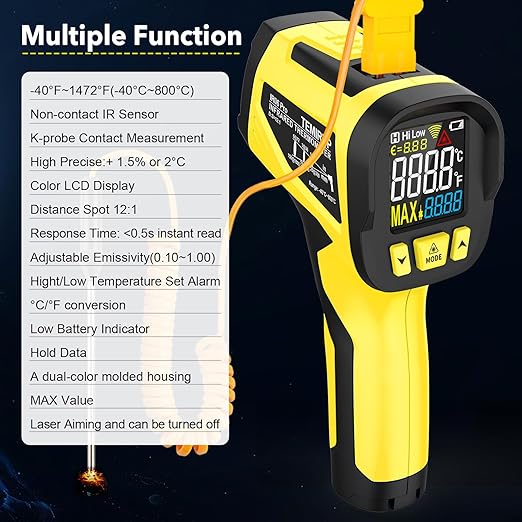 Infrared Thermometer Gun,-40°F to 1472°F,Digital Laser Temperature Gun with Thermocouple Probe,Non-Contact IR Temp Gun for Cooking, Pizza Oven, HVAC, Engine, Griddle, Adjustable Emissivity&MAX