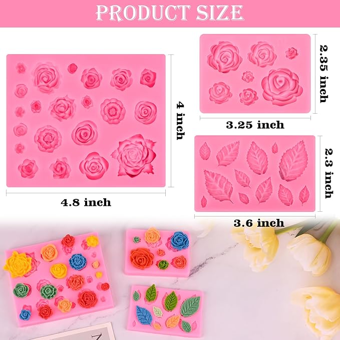 Actvty Rose Flower Silicone Mold, Leaves Candy Mold, 3 Pcs Mini Rose and Leaf Silicone Molds for Chocolate Fondant Sugarcraft Clay Candy Gummy Cupcake Toppers Cake Decorating