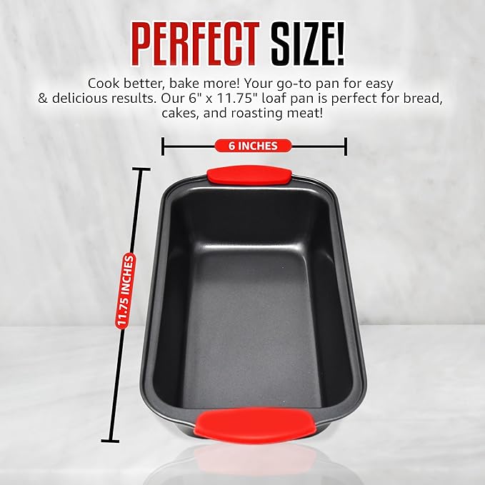 PERLLI Nonstick Loaf Pan with Silicone Grip Handles 11.75" x 6" High-Carbon Steel Bakeware for Baking Bread Cake Broiling Roasting Meat, Oven Safe (446°F)