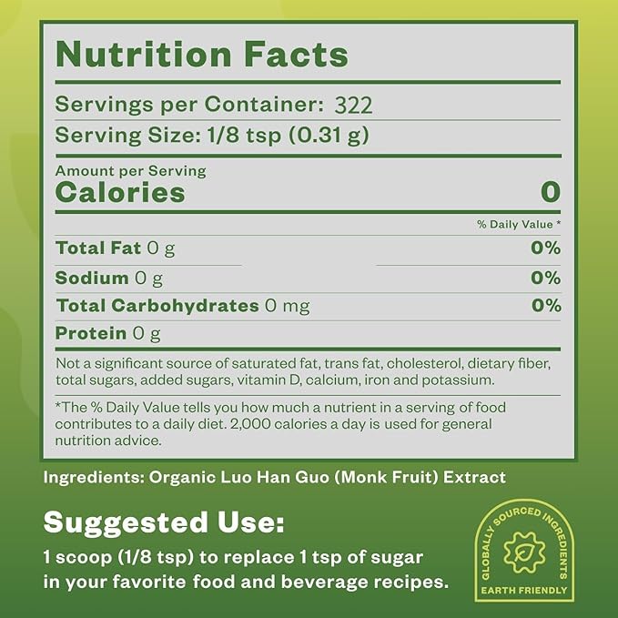 Organic Monk Fruit Sweetener, 125g (4.41oz), No Fillers Pure USDA Organic Monk Fruit Extract Powder with No Aftertaste, Zero Calorie & Zero Carbs, Keto & Paleo Friendly 320-400 Servings
