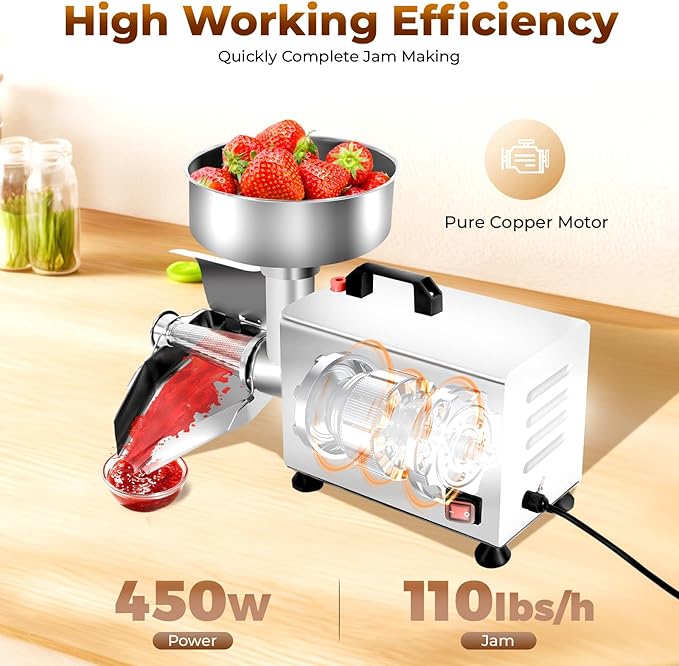 450W Electric Tomato Strainer, 304 Stainless Steel Tomato Mill Machine with Dia 4.8" Funnel, 50 Kg/H Pure Copper Motor Food Strainer and Sauce Maker for Tomato Sauce Silver 110V