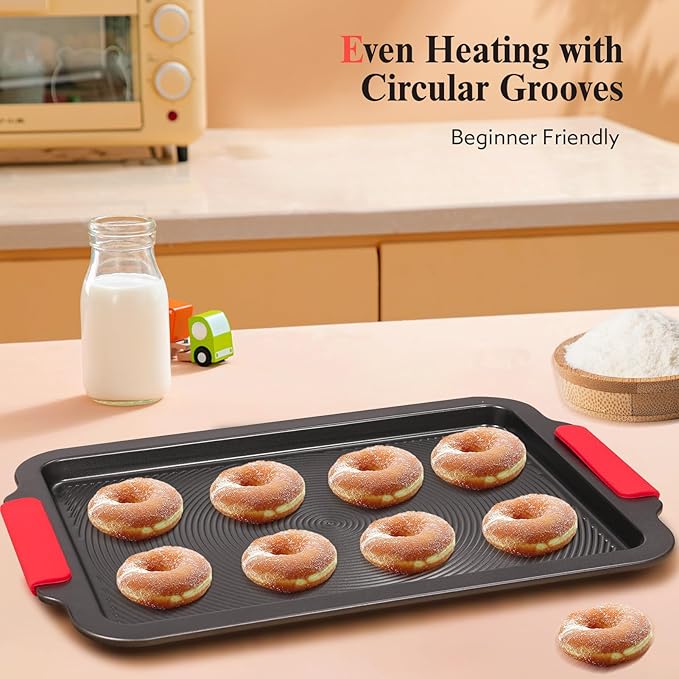 Baking Sheet with Circle Grooves, 1-Piece 16x11in Nonstick Cookie Sheets for Baking & Roasting, Baking Pans with Red Grips, PFAS/PTFE Free,Gray