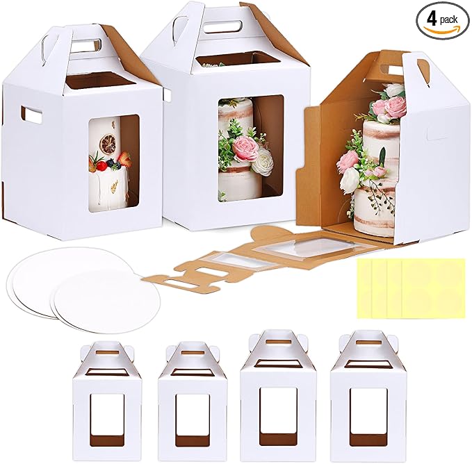 Moretoes 4 Pack Tall Cake Boxes with 4 Boards, Large Bakery Take Out Transport Containers 2 Sizes 14x14x16 & 16x16x18 Tier Bakery Carrier with 4 Boards, Party Birthday Wedding