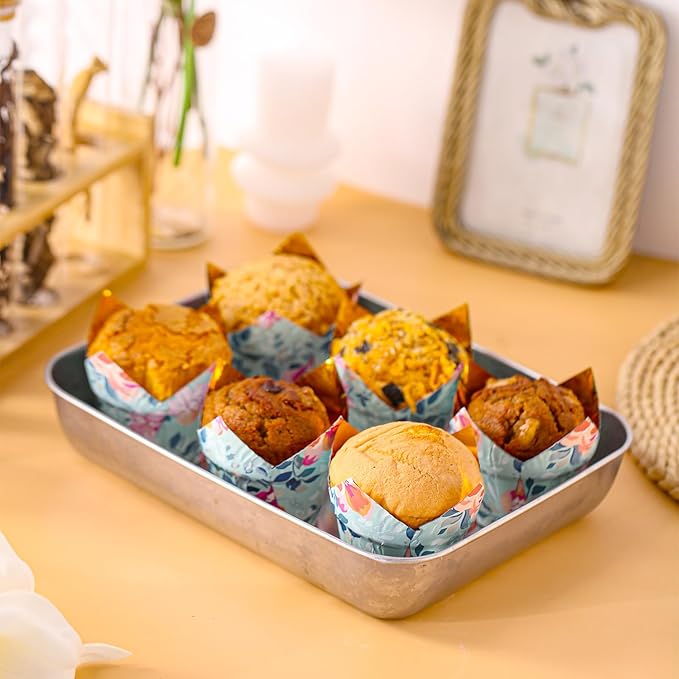 Flower Tulip Cupcake Liners Wrappers Baking Cups Cupcake 100 Pcs Food Grade Gold Foil Green Floral Design for Bridal Shower Wedding Festival Party