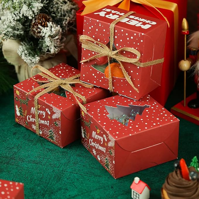 VGOODALL 14PCS Small Christmas Cookie Boxes, 4"x 4"x 2.5" Christmas Bakery Boxes with Window, Single Cupcake Carrier with Window Insert Pastry Containers Muffins for Bakery Supplies