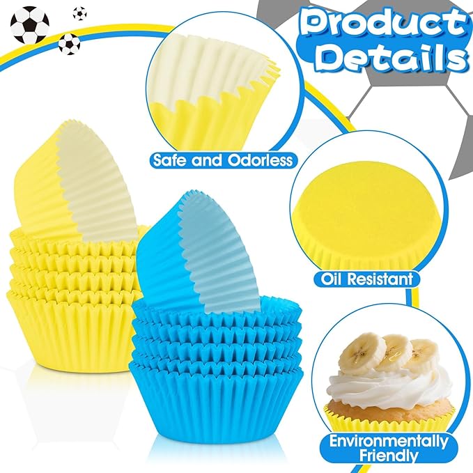 200PCS Blue and Yellow Cupcake Liners Muffin Baking Cups Wrappers for Yellow and Blue Birthday Party Supplies Disposable Pastel Cupcake Papers for Sports Theme Soccer Birthday Party Decorations