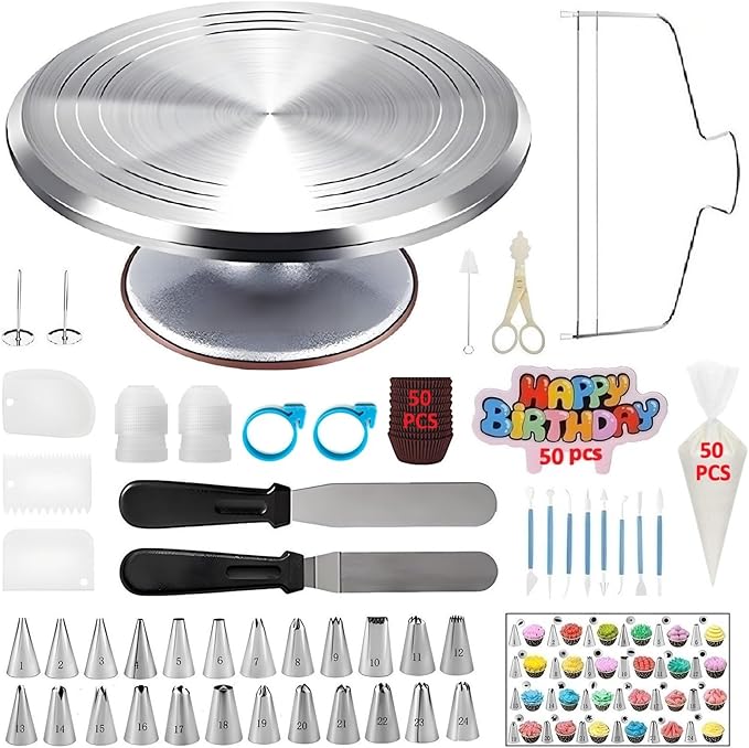 198 Pcs Cake Decorating Kit with Aluminium Alloy Cake Turntable,24 Numbered Icing Piping Tips,2 Couplers,2 Cake Spatulas,3 Comb Scrapers,8 Carved Pens, 50 Pastry Bags,50 Cake Flags