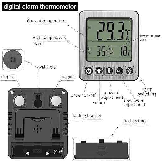 Refrigerator Thermometer Freezer Alarm Digital Freezer Thermometer Fridge Thermometer with Extra Sensor high and Low Temperature Alarm (1, Black, ZZ10)