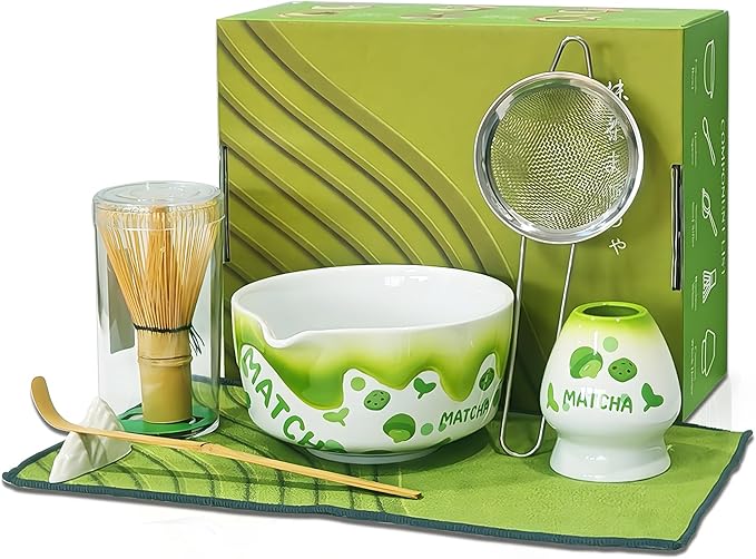 Matcha Whisk Set 7 Pcs Ceramic Matcha Set Includes Matcha Bowl, Matcha Whisk and Holder, Bamboo Scoop, Scoop Rest, Sifter and Tea Towel - Matcha Kit for Matcha Lovers