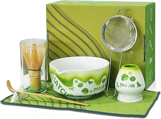 Matcha Whisk Set 7 Pcs Ceramic Matcha Set Includes Matcha Bowl, Matcha Whisk and Holder, Bamboo Scoop, Scoop Rest, Sifter and Tea Towel - Matcha Kit for Matcha Lovers