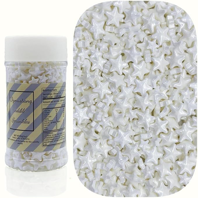 Dynastang Mixed Size White Stars Sprinkles Edible Stars Cake Decorating Stars Cake Decorations Cupcake Toppers Cookie Decorating Perfect for Cakes, Cupcakes, Desserts Toppings 3OZ