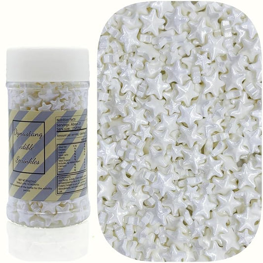 Dynastang Mixed Size White Stars Sprinkles Edible Stars Cake Decorating Stars Cake Decorations Cupcake Toppers Cookie Decorating Perfect for Cakes, Cupcakes, Desserts Toppings 3OZ
