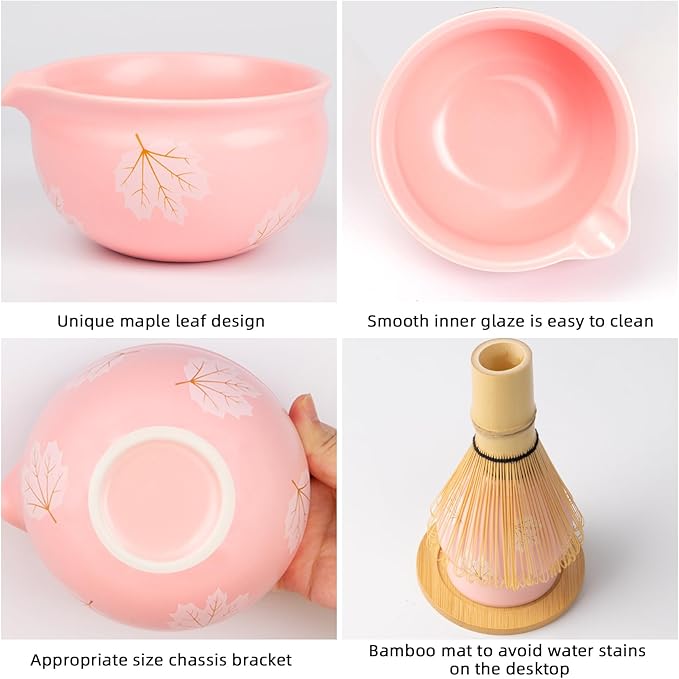 Matcha Set (8 PCS),Pink Matcha Whisk Set Inclded Ceramic Matcha Bowl and Whisk Set,Holder,Holder Mat,Bamboo Scoop,Scoop Rest,Sifter and Tea Towel,Cute Matcha Kit for Macha Lovers and Tea Ceremony