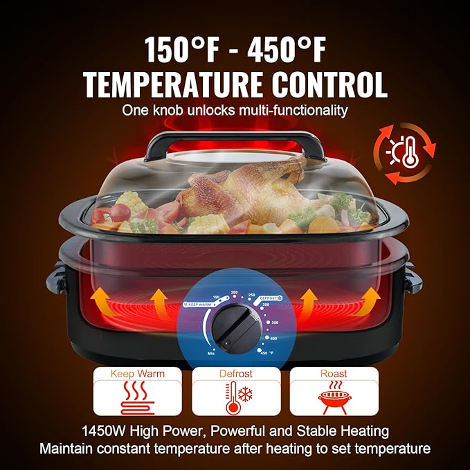 VEVOR Electric Roaster Oven with Defrost & Warm Function, 24 QT Turkey Roaster Oven with Self-Basting Lid, 1450W, Adjustable Temp, Removable Pan & Rack, Fits Turkeys Up to 28LBS, Black