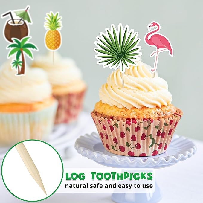 50 Pcs Tropical Cake Sticks, Disposable Tiki Flamingo Pineapple Palm Leaf Cake Toppers, Luau Cake Decorations for Summer Hawaiian Aloha Theme Events, Birthday, Wedding Party Supplies