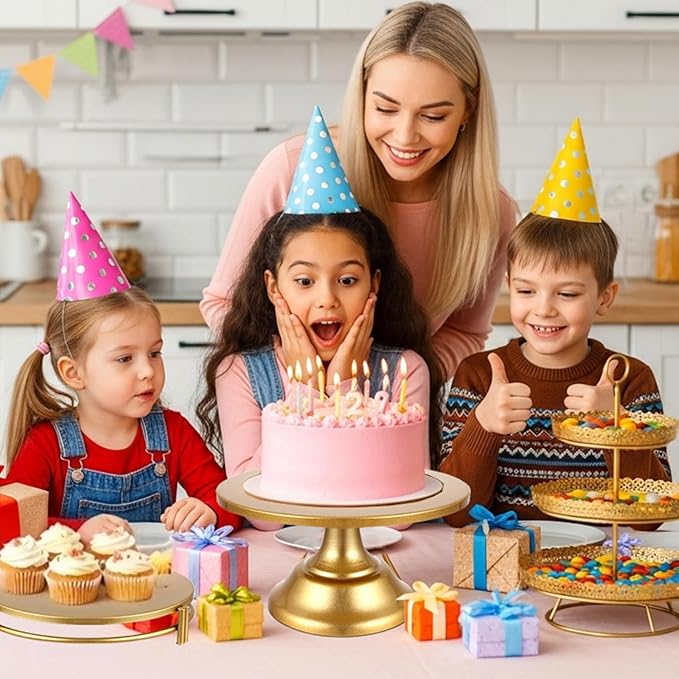 4 PCS Gold Cake Stand Set with Gold Pedestal Cake Stand and Cake Cutter Pie Spatula, Dessert Table Display Set for Wedding, Party, Birthday, Baby Shower, Event Bridal Celebration