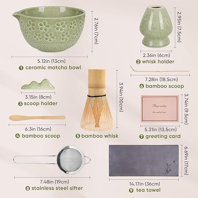 Matcha Whisk Set - Traditional Bamboo Chasen with Bowl, Complete Matcha Tea Making Kit & Starter Tools for Authentic Japanese Ceremony (Mottled Green01, 8pcs/set,Bowl entry-level Set)