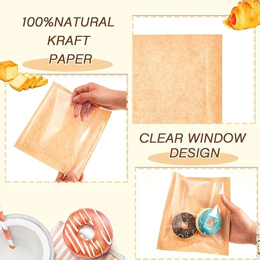 Outus 400 Pcs Cookie Packaging Bags with Seal, 7.1 x 7.5 Inch Bakery Pastry Bags with Window, Heat Sealable Grease Resistant Paper to Go Bake Sleeves for Gift Giving Donut Bread Sandwich (Brown)